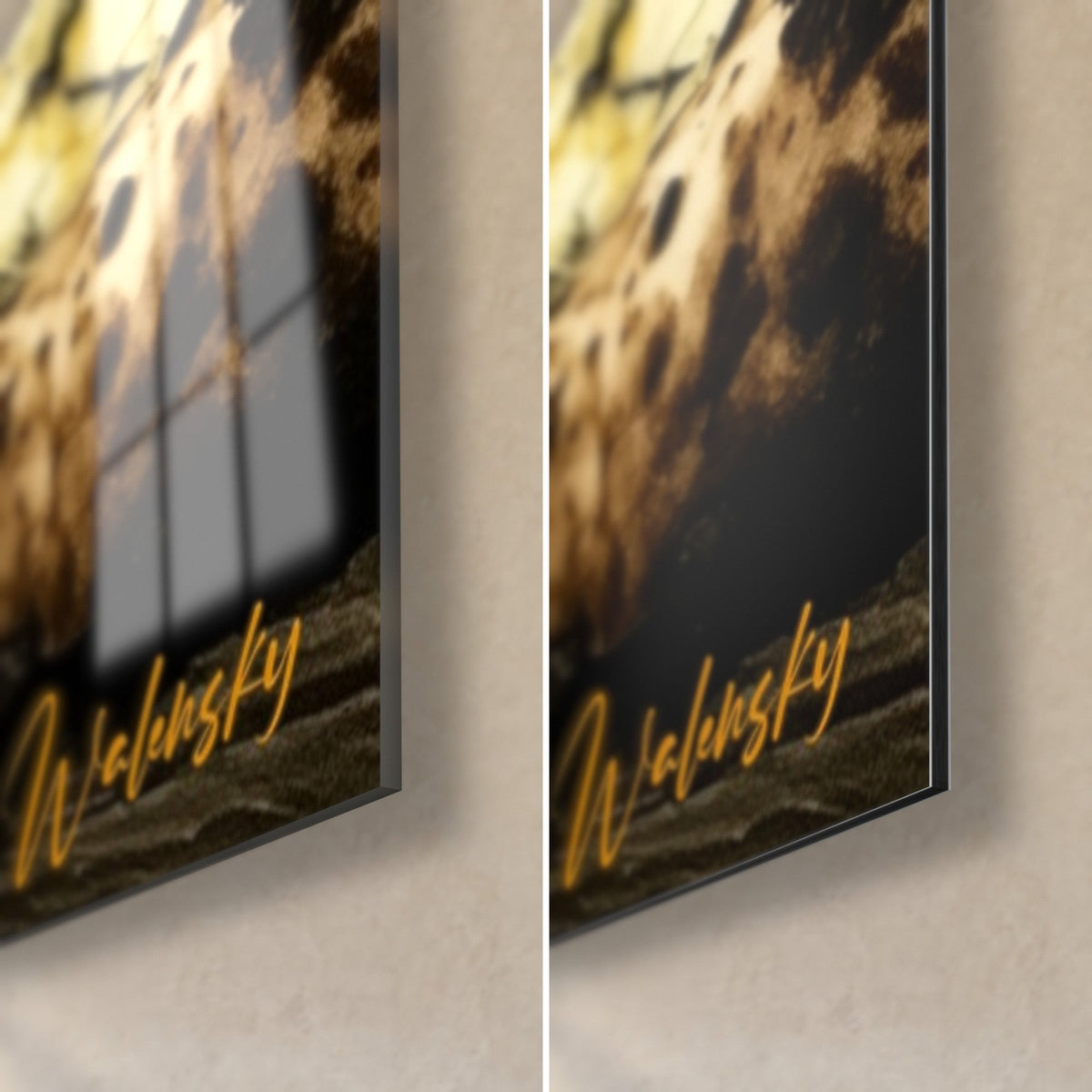 Tableau pizzas napolitaines, coin bas droit : signature Walensky dorée sur noir, verre acrylique brillant et Dibond mat, tranche de 3 mm