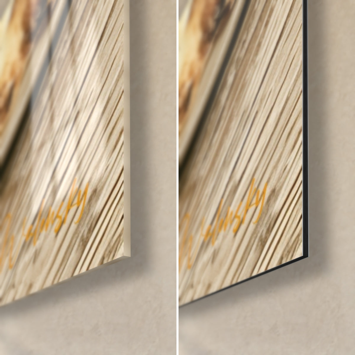 Wall art cream pizza with dark green basil, bottom right corner: glossy acrylic glass on the left, matte black Dibond aluminum on the right