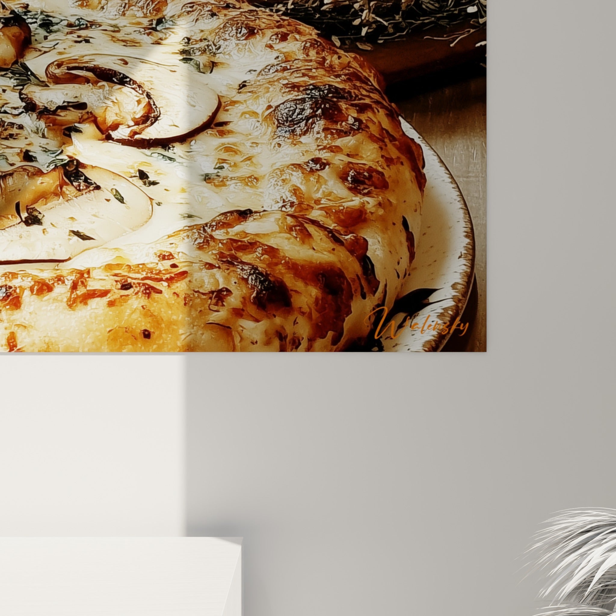 Grain de la croûte torréfiée et coulures de fromage doré, herbes anthracite visibles en détail sur la toile.