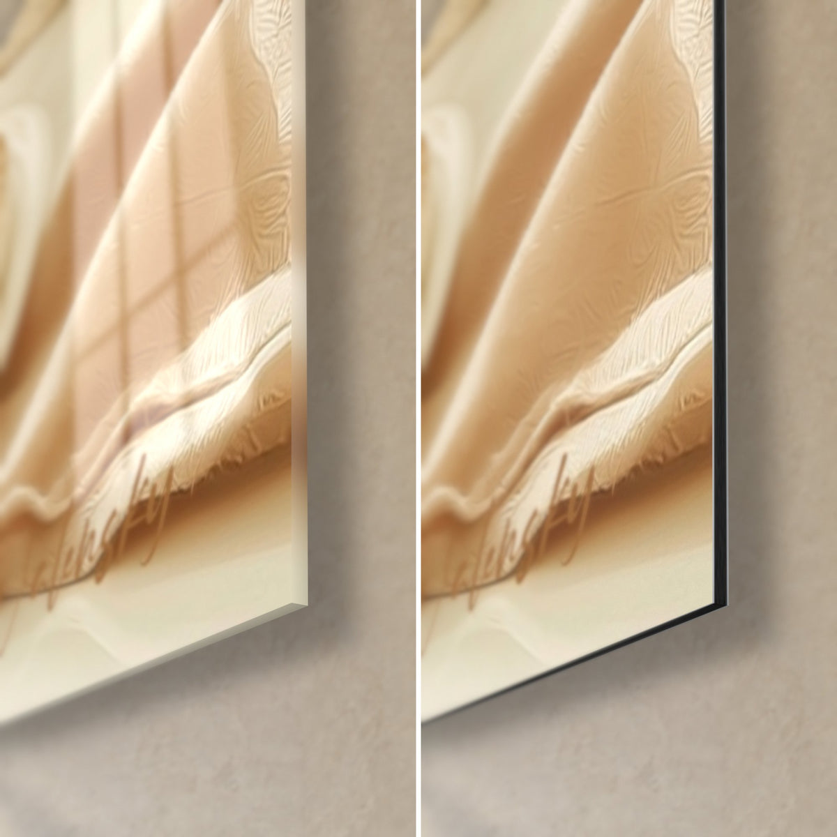 Gemälde Goldene Focaccia, unten rechts: glänzendes Acrylglas mit beige-cremefarbenen Reflexen, mattschwarzes Alu-Dibond, 3 mm Stärke