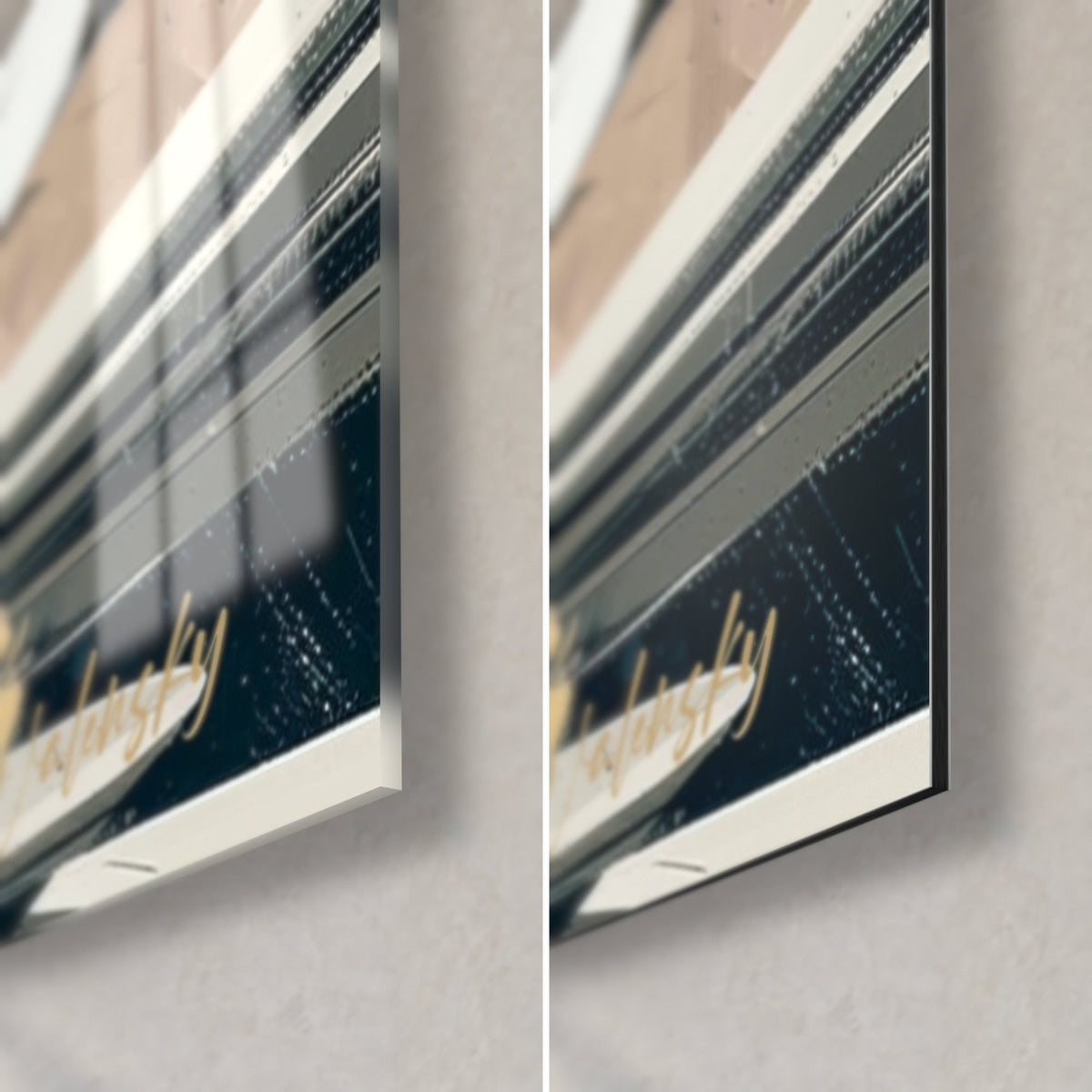 Gemälde eines Pizzabäckers in Nachtblau und Beige, untere rechte Ecke: glänzendes Acrylglas links, mattes Dibond rechts, 3 mm Kantenstärke