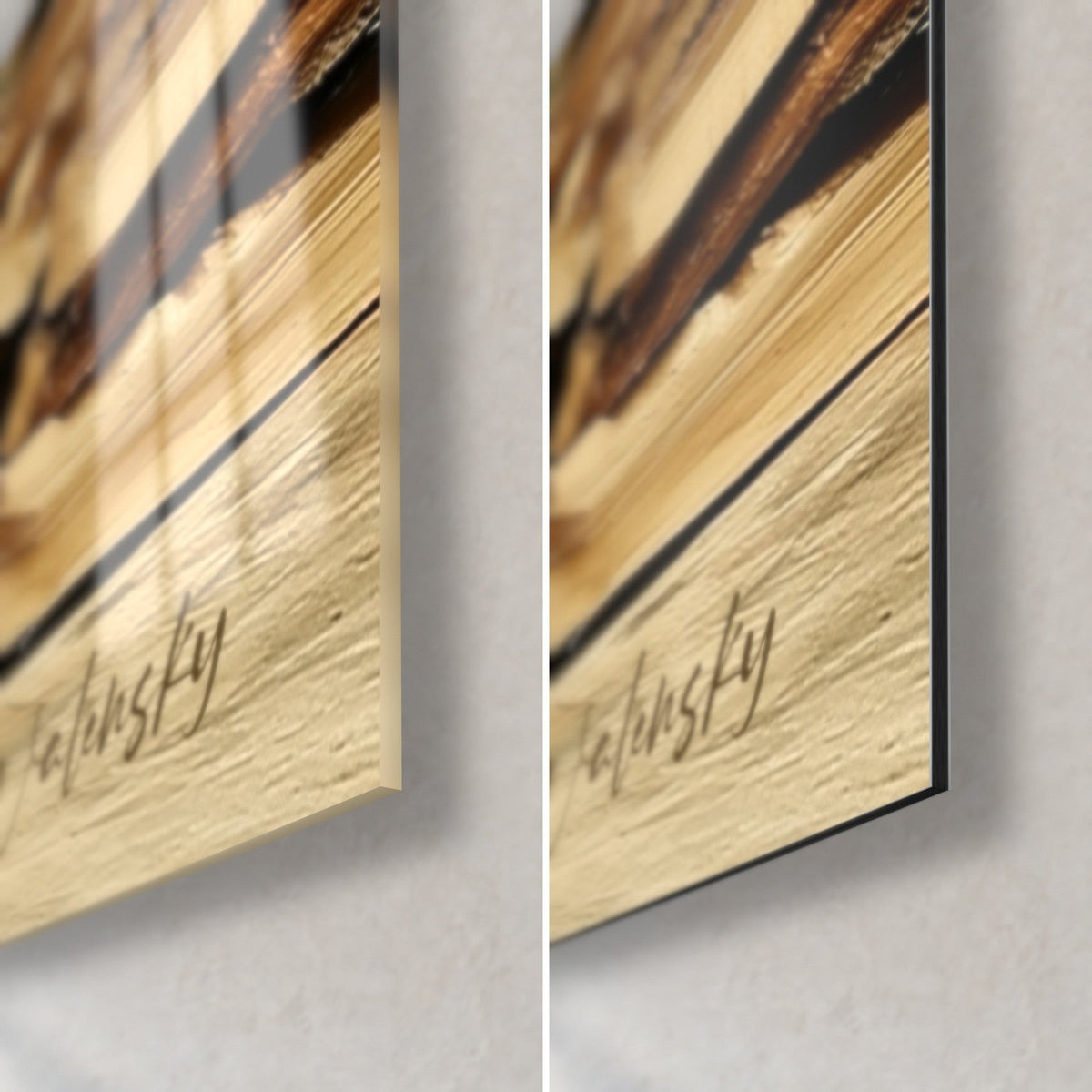 Gemälde Pizzaofen in Elfenbein und Braun, untere rechte Ecke: glänzendes Acrylglas links, mattschwarzes Dibond-Aluminium rechts