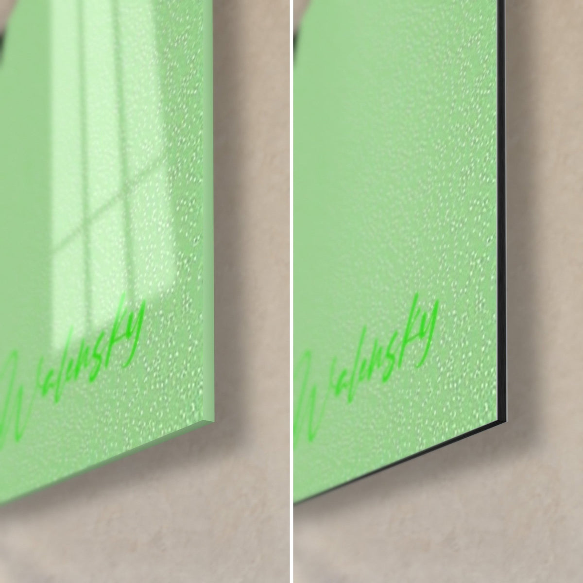 Wall art triangle of golden mozzarella, orange pepperoni and mint green background, bottom right corner in glossy glass and matte Dibond, 3 mm thick