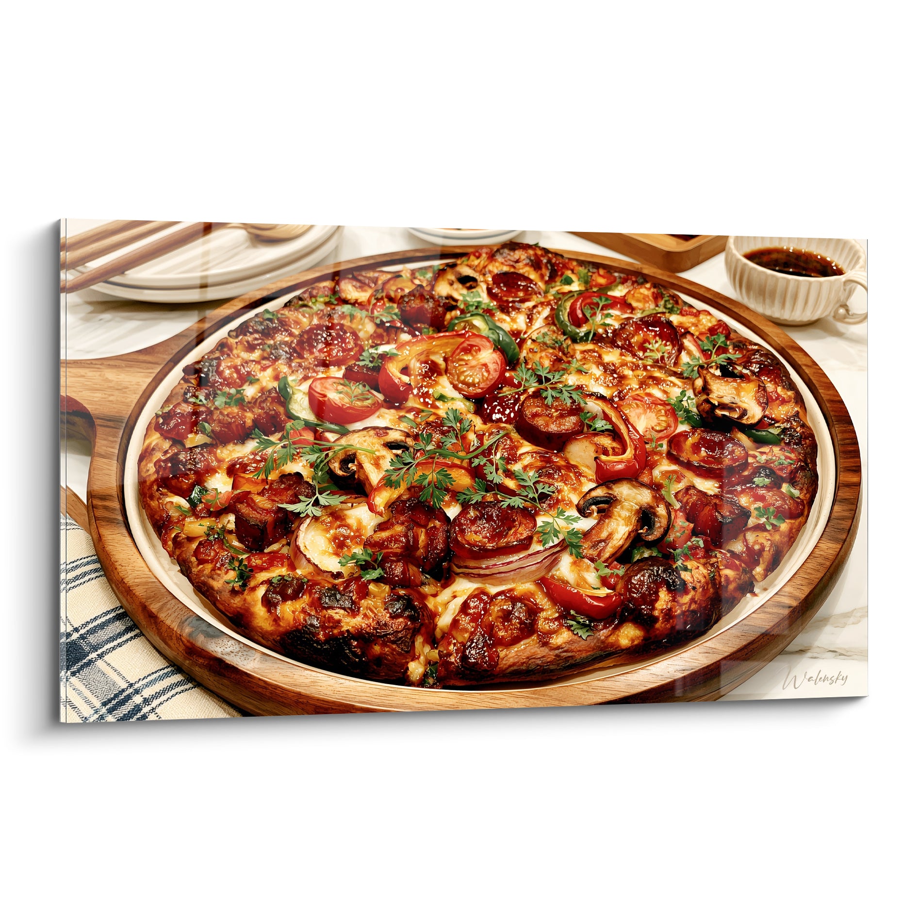 Pizza garnie de tomates rouges et champignons bruns sur plateau en bois