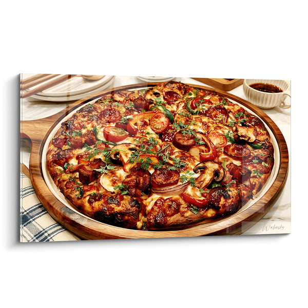 Tableau Pizza garnie tomate et champignons rustique - Repas convivial - Edition Pizza