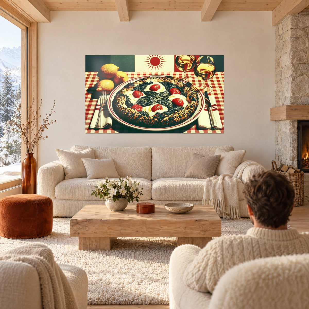 Schilderij pizza margherita met donkere basilicum en rode tomaten op een geruite tafelkleed, boven een bank in een lichte woonkamer