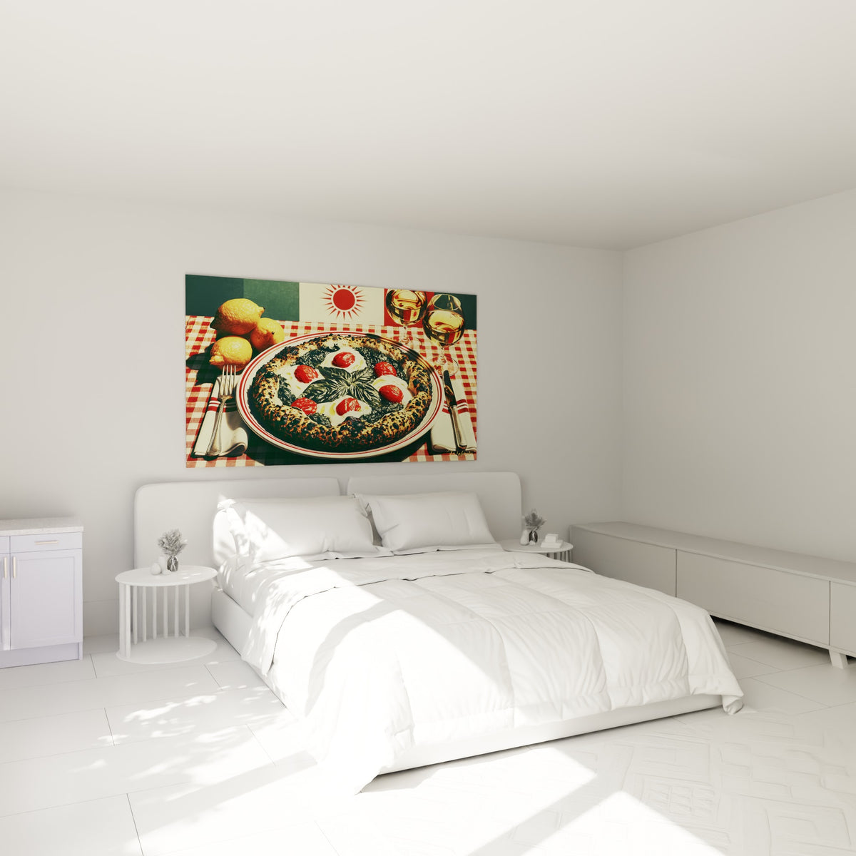 Pizza margherita dorée aux tomates rouges et basilic vert, accrochée au-dessus d'un lit dans une chambre claire
