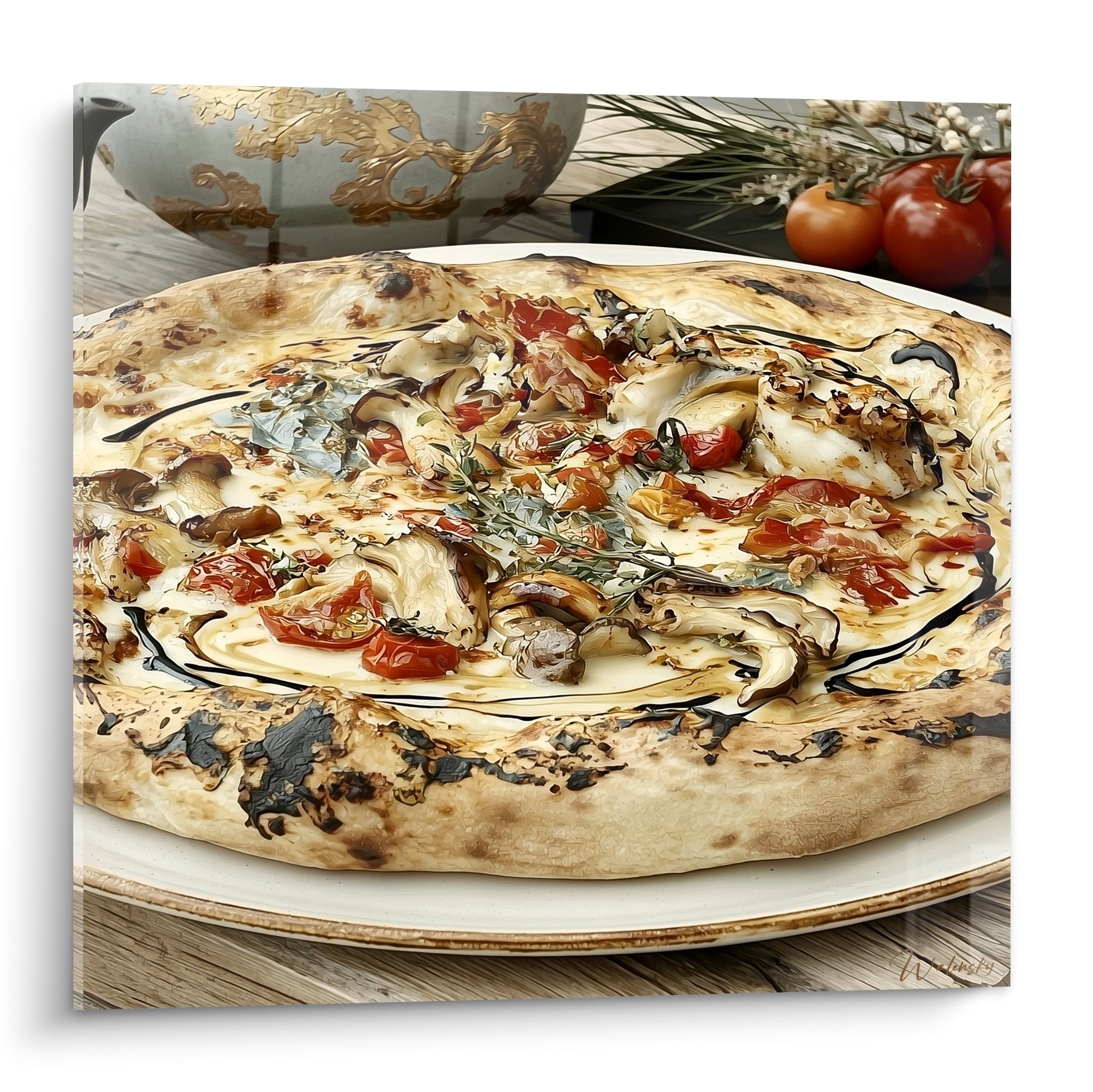 Pizza garnie de tomates cerises rouges et champignons sur croûte dorée et brune craquelée