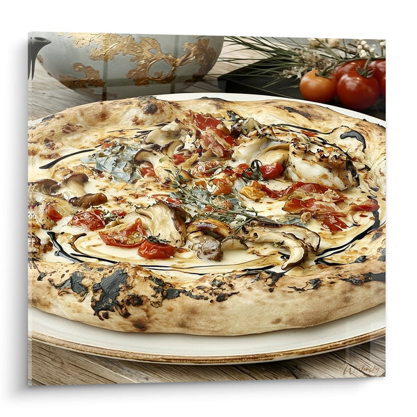Tableau Pizza blanche aux tomates et champignons - Vase doré fleuri - Edition Pizza
