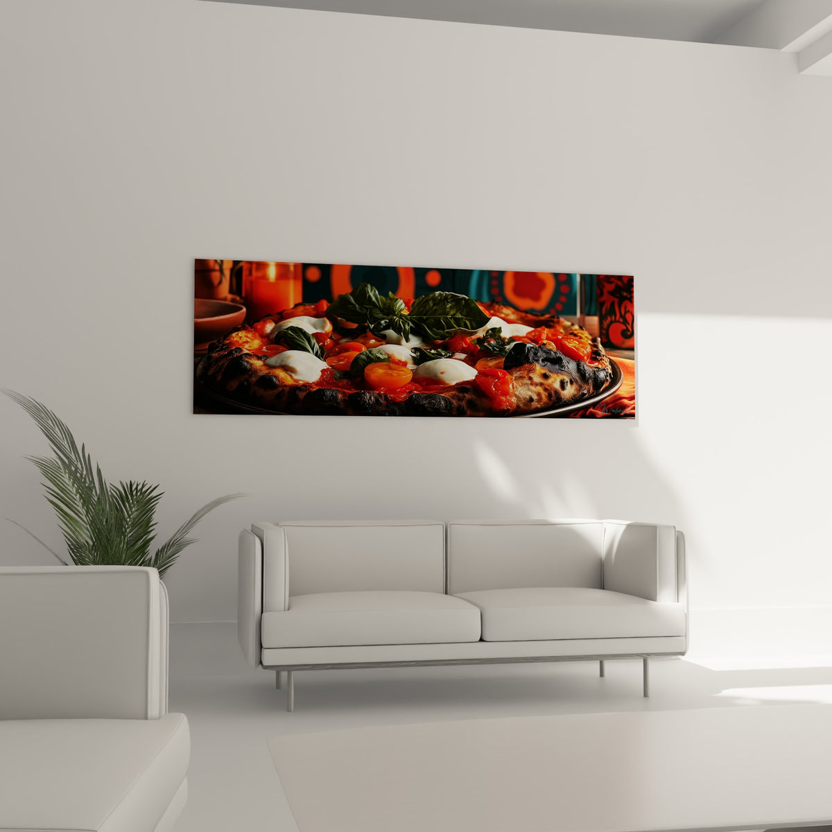Tomates cerises orangées et mozzarella fondante de la pizza margherita au-dessus d'un canapé dans un salon lumineux