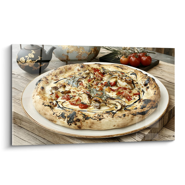 Tableau Pizza blanche et noire aux tomates cerises - Théière asiatique fleurie - Edition Pizza