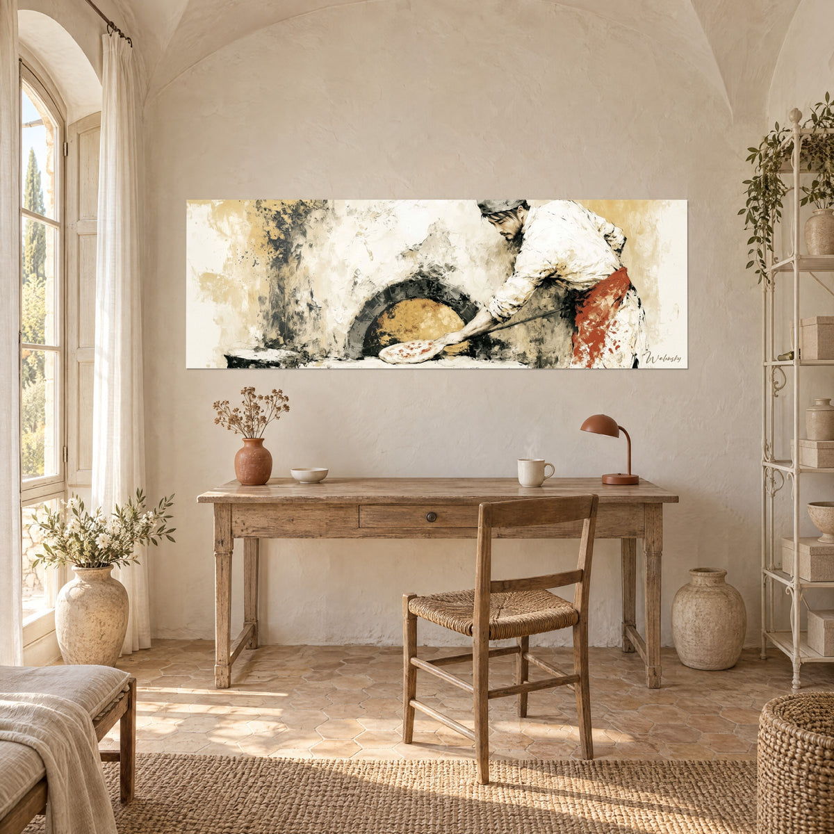 Tableau homme en toque glissant une pizza dans la gueule du four, tablier rouge éclaboussé, tons ocre et blanc, au-dessus d'un bureau en bois