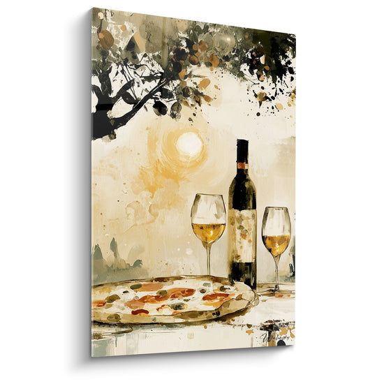 Tableau Pizza dorée bouteille de vin et deux verres - Dîner sous la treille - Edition Pizza