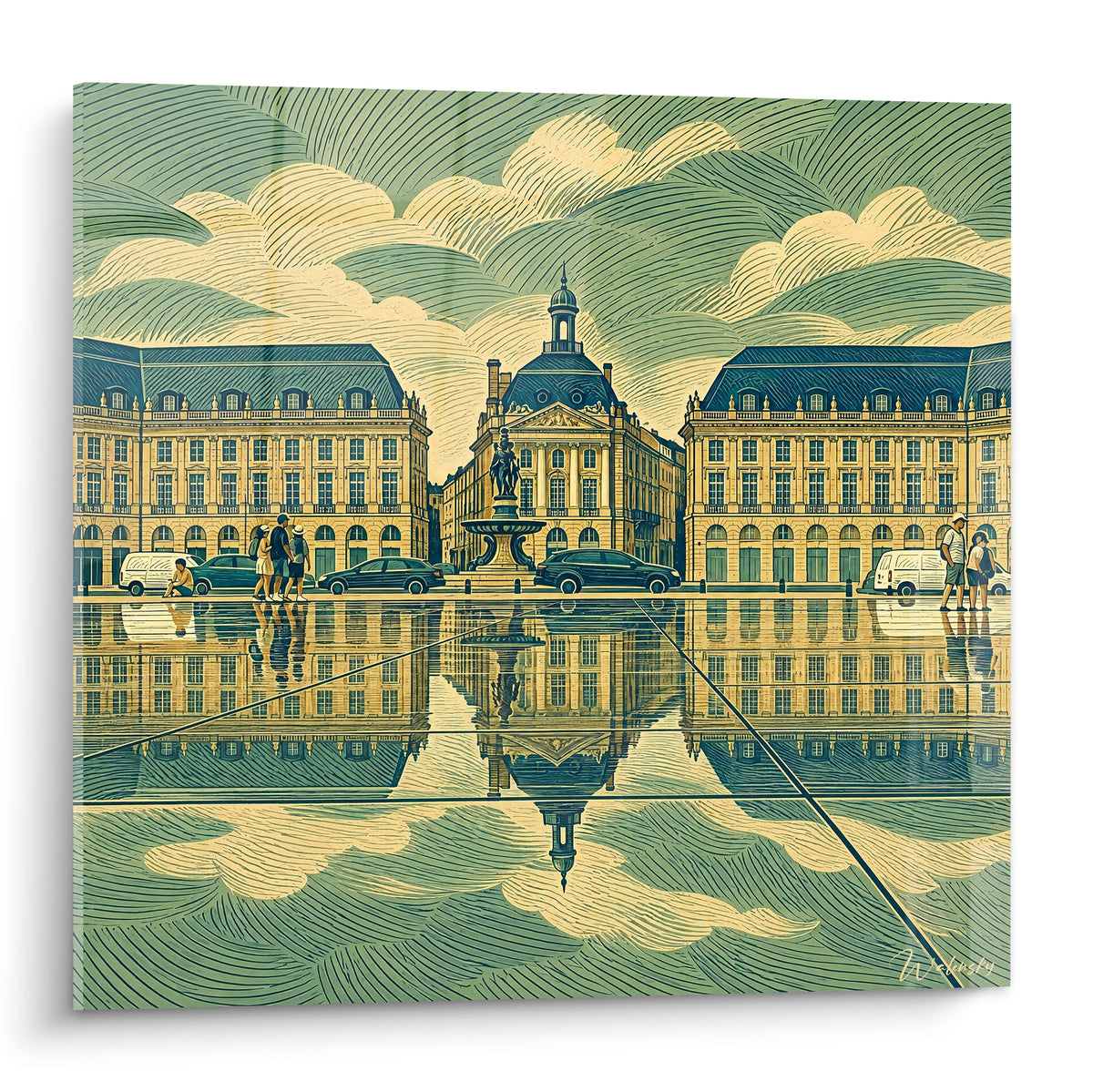 Cuadro plaza de la Bourse dorada y verde reflejada en un espejo de agua, estilo grabado de Burdeos
