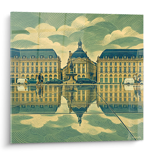 Cuadro Place de la Bourse dorada y verde con espejo de agua - Reflejo suspendido - Edición Place de la Bourse Nouvelle-Aquitaine Francia