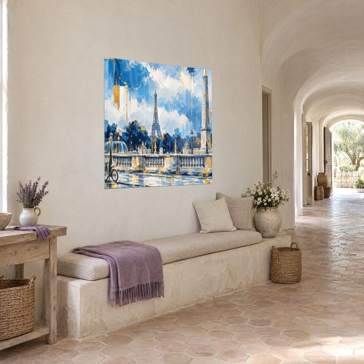 Wall art Paris in palette knife painting, sky blue and white sky, golden stone balustrade, three-quarter view in a vaulted corridor