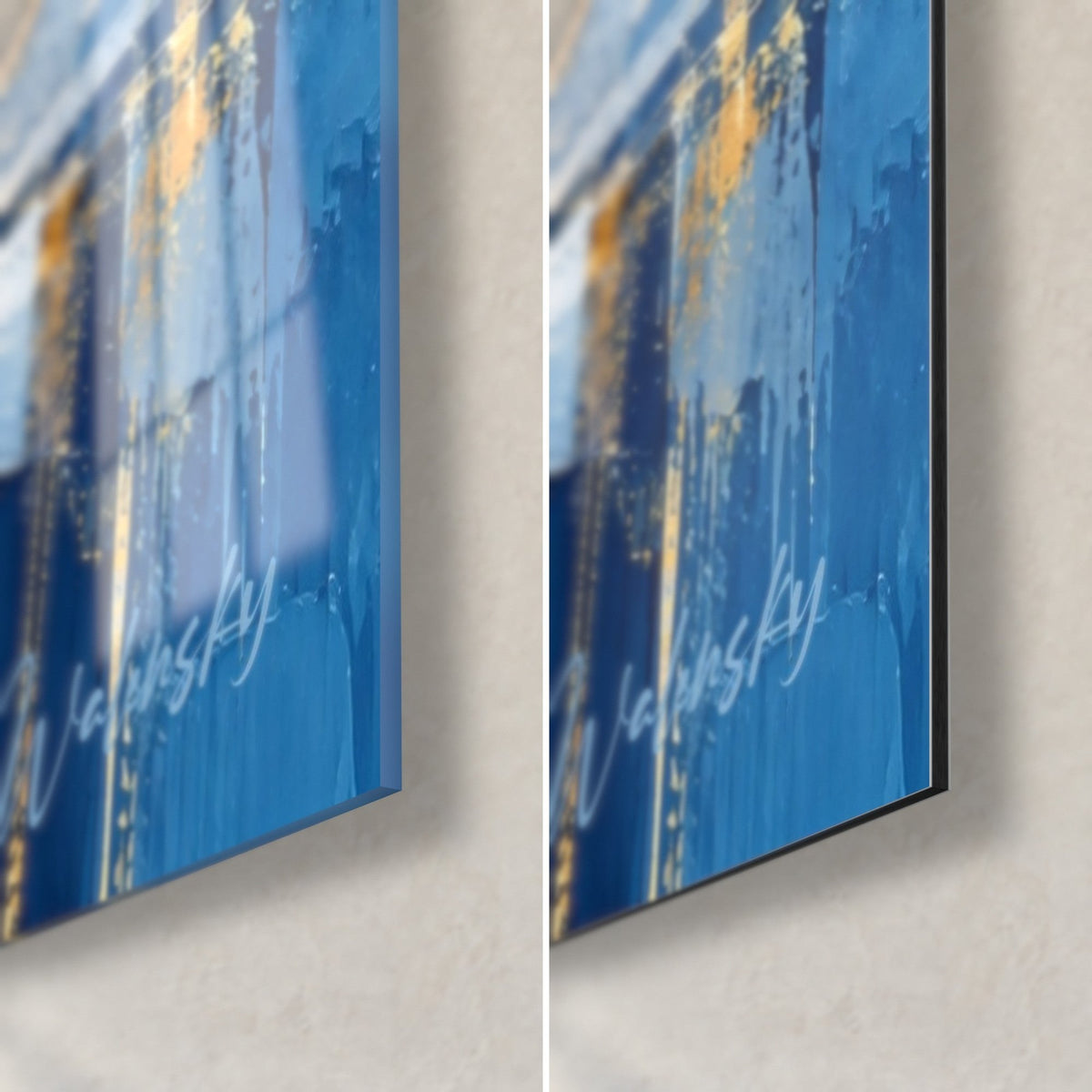 Wall art: Place de la Concorde, bottom right corner: glossy acrylic glass with blue reflections and matte black Dibond, 3 mm edge