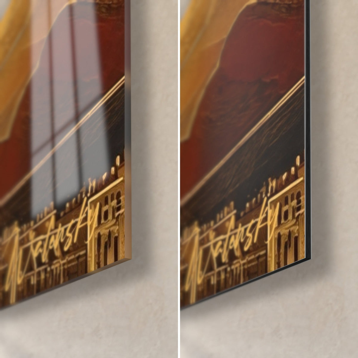 Wall art Concorde in gold and brick-red clouds, bottom right corner: glossy acrylic glass on the left, matte Dibond on the right, slim edge