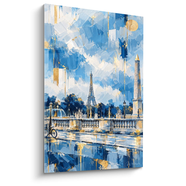 Painting Blue and Gold Bicycle Near Wet Pavement - Fountain and Lampposts - Place de la Concorde Ile-de-France Edition