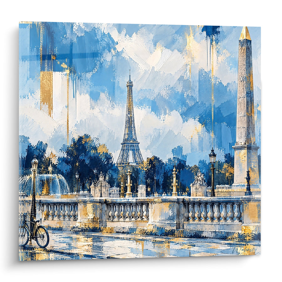 Schilderij Obelisk en Eiffeltoren blauw goud - Parijse wandeling - Editie Place de la Concorde Île-de-France