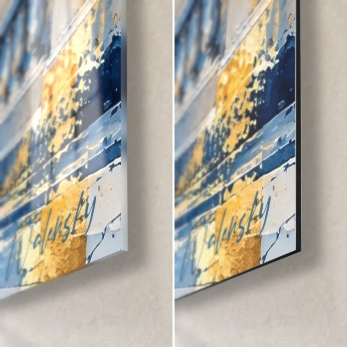 Wall art Place de la Concorde in ultramarine blue and gold, bottom right corner, glossy glass on the left, matte Dibond on the right, 3 mm edge