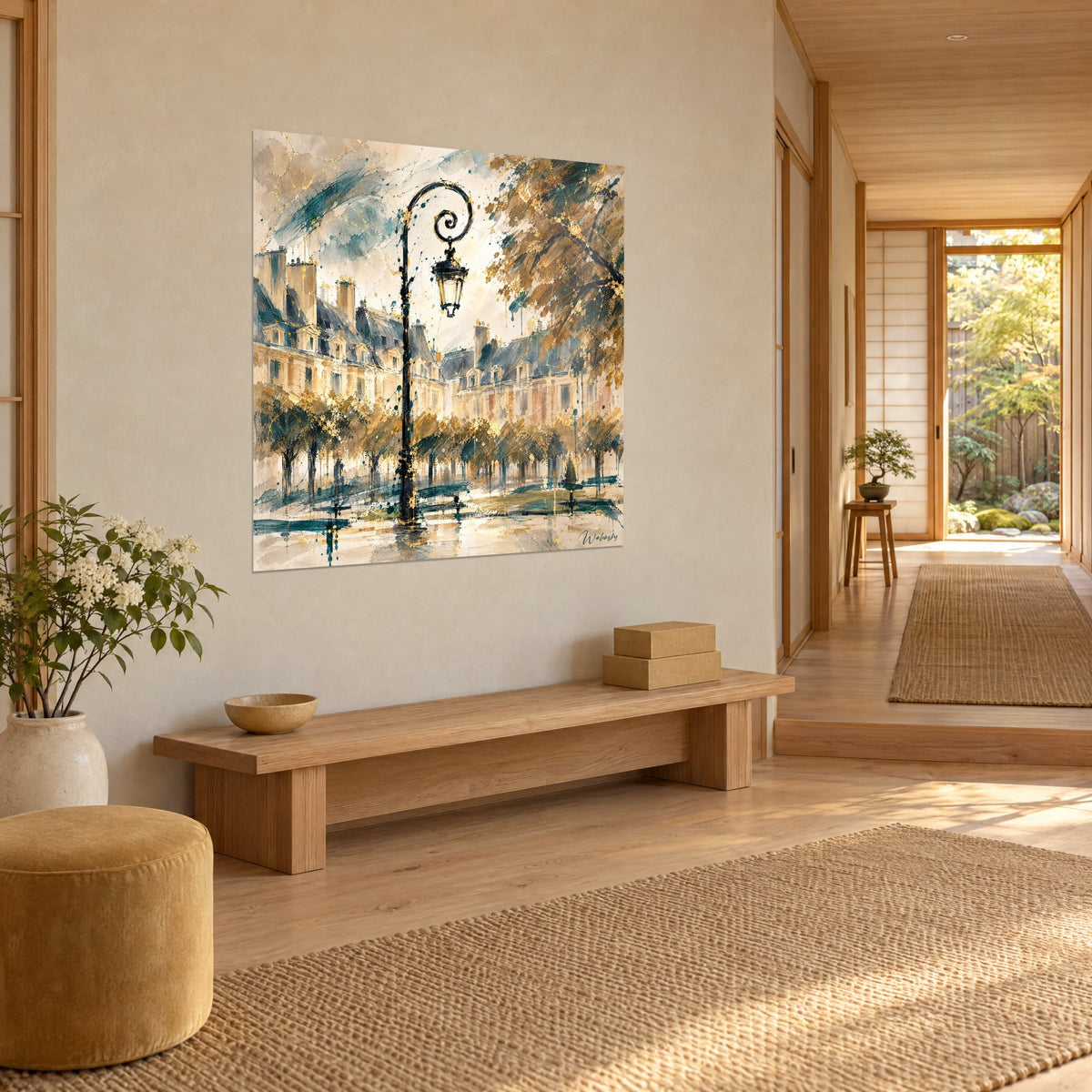 Quadro con lanterna in ferro battuto e facciate con abbaini, fogliame dorato e riflessi turchesi, vista di tre quarti in un corridoio japandi