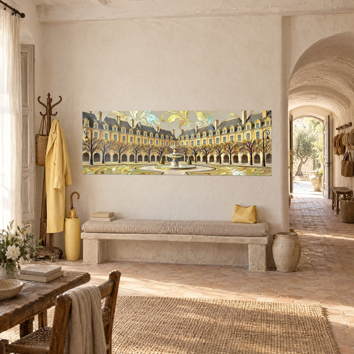 Schilderij panorama van okerkleurige huizen met dakkapellen onder een crèmekleurige lucht, centrale fontein en gouden bomen, Provençaalse boerderij in driekwart aanzicht