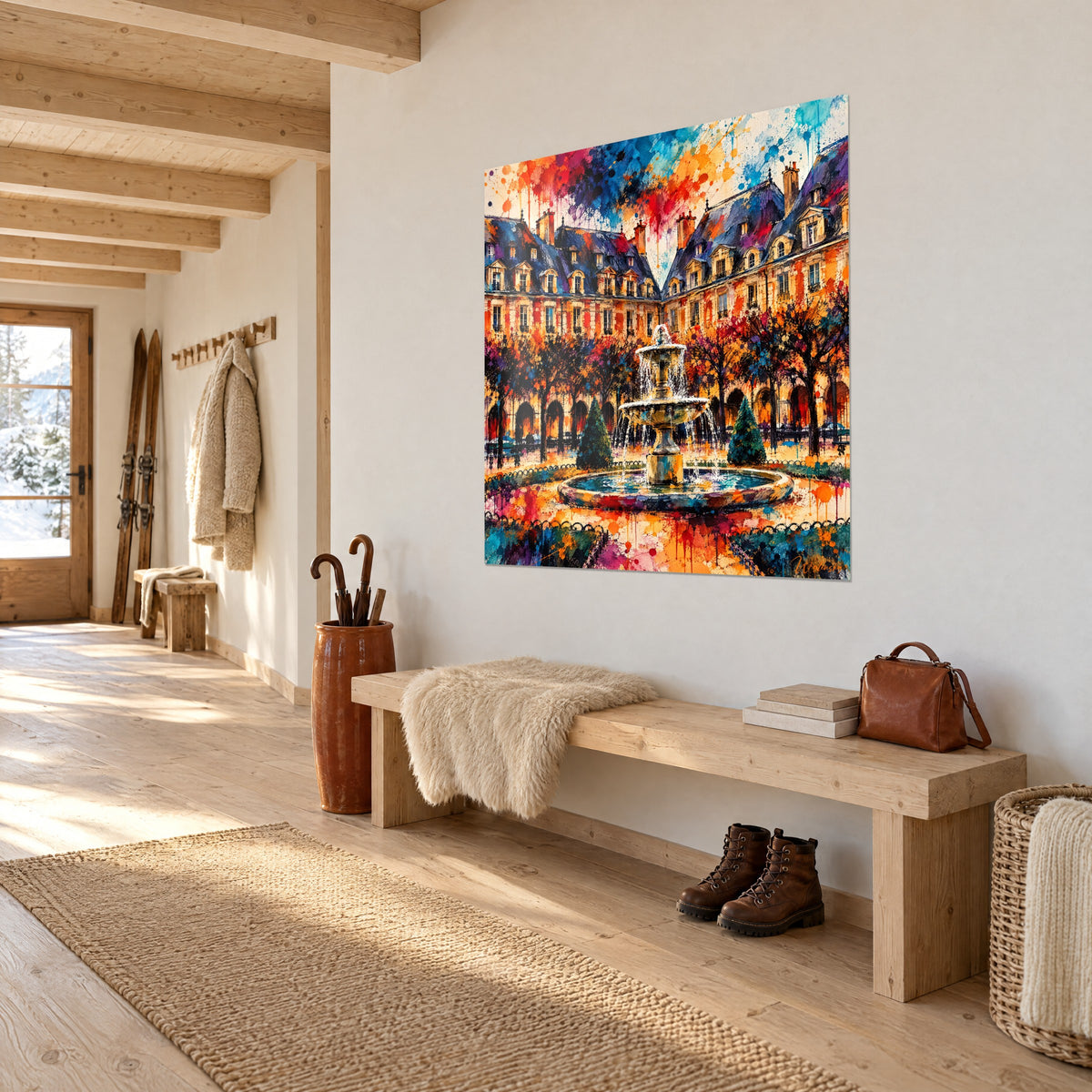 Schilderij Place des Vosges in explosief schilderwerk, blauwe leien daken en oranje baksteen, opgehangen boven een bank van licht hout