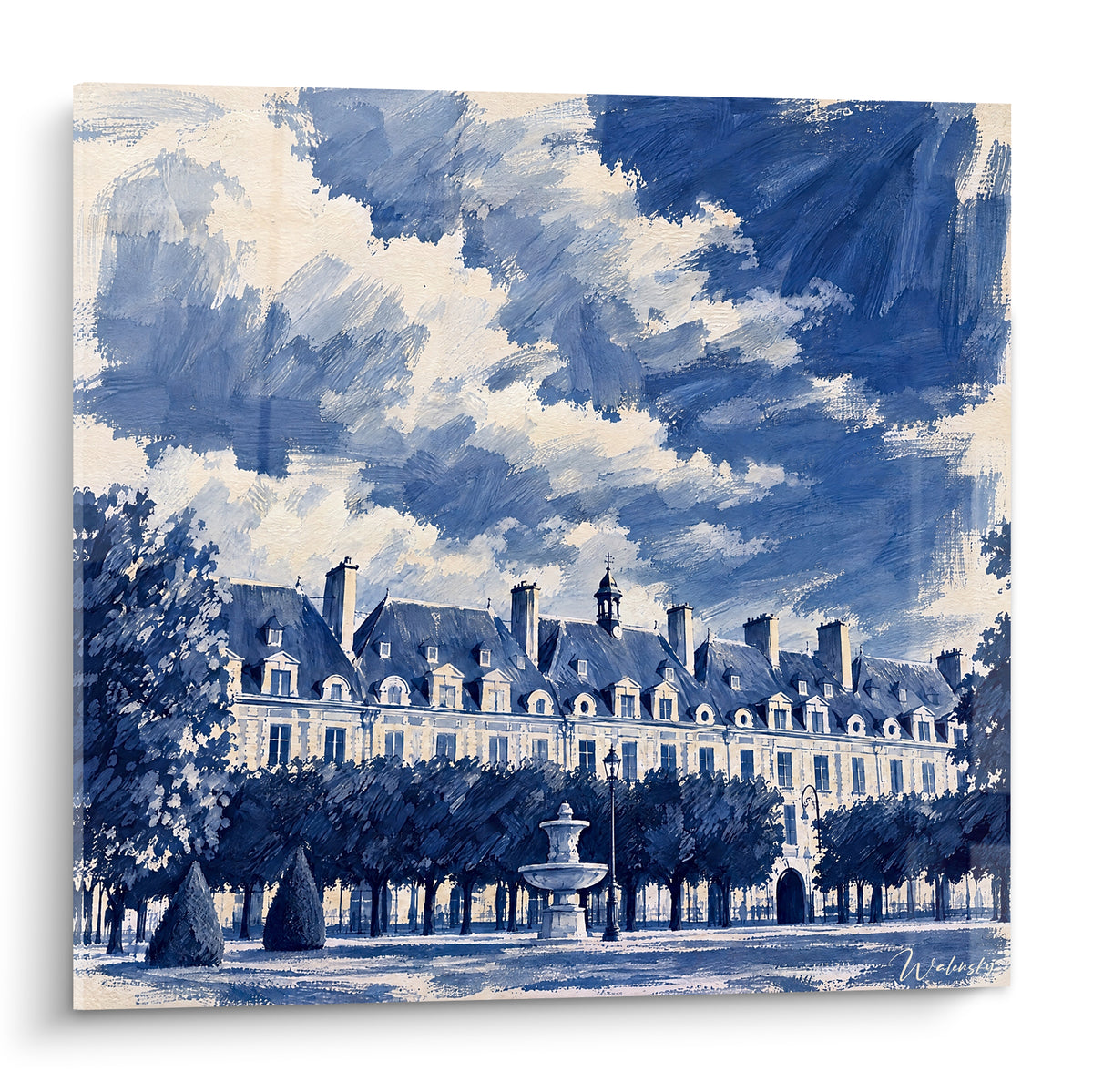Gemälde Place des Vosges in Marineblau und Creme gemalt, Wolkenhimmel über den Schieferdächern