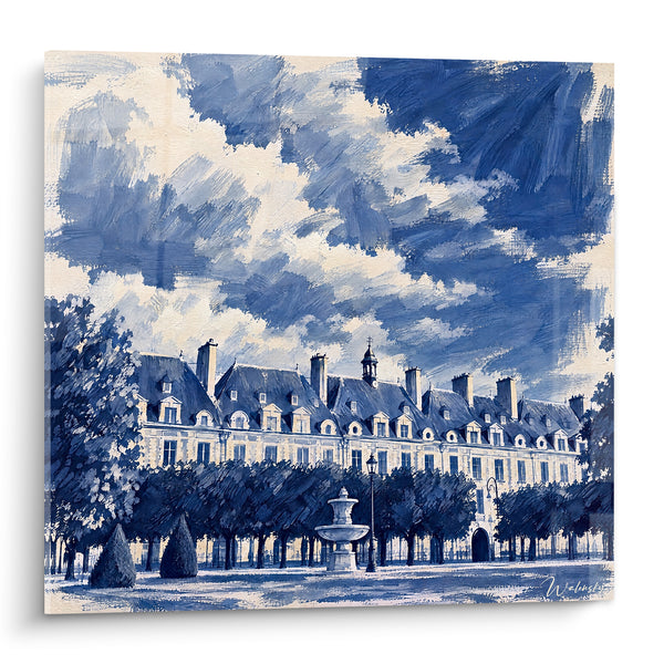 Tableau Place royale aux façades bleues et ciel nuageux - Matinée parisienne - Edition Place des Vosges Île-de-France