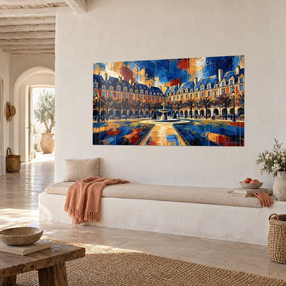 Schilderij gouden fontein tussen twee vleugels van rode baksteen en blauwe leien daken, oranje reflecties, aan een witte muur in driekwartaanzicht