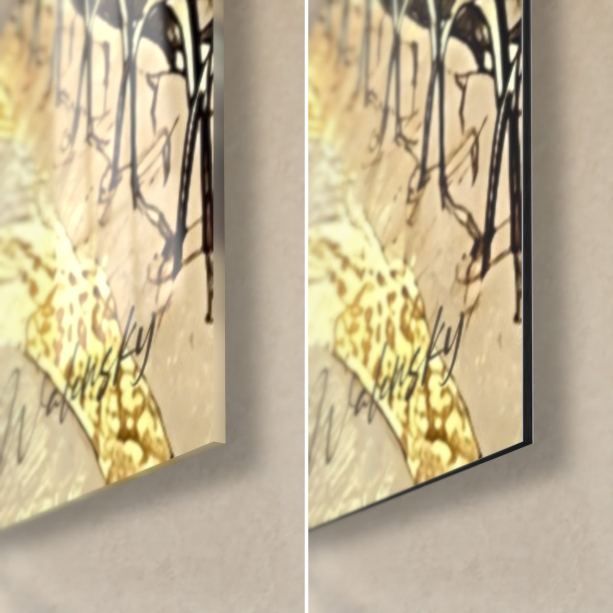 Wall art Parisian square with golden and ochre foliage, Walensky signature, glossy glass and matte Dibond, 3 mm edge