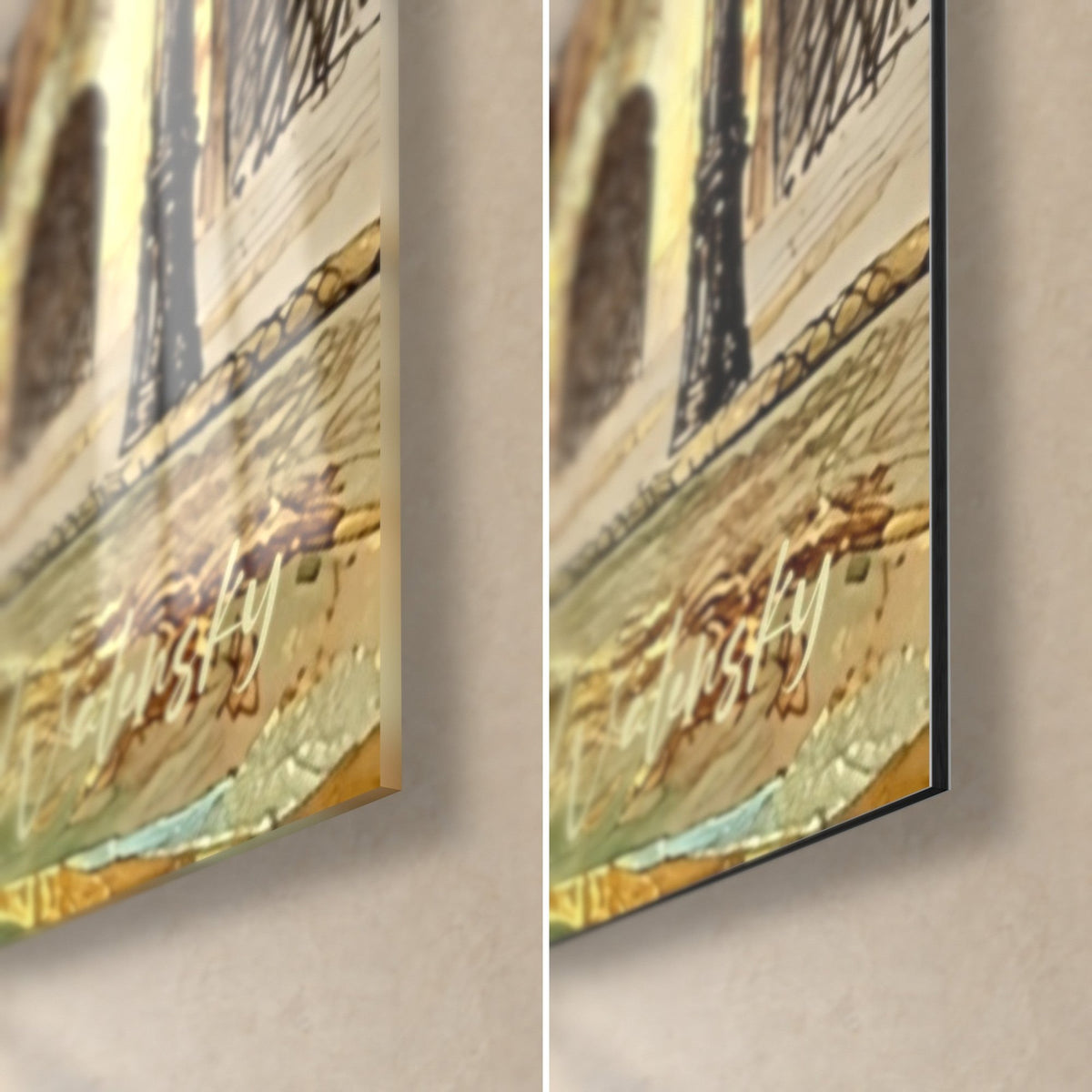 Schilderij plein met okerkleurige arcaden en gouden bladeren, rechtsonder: glanzend acrylglas links, mat Dibond aluminium rechts, 3 mm rand