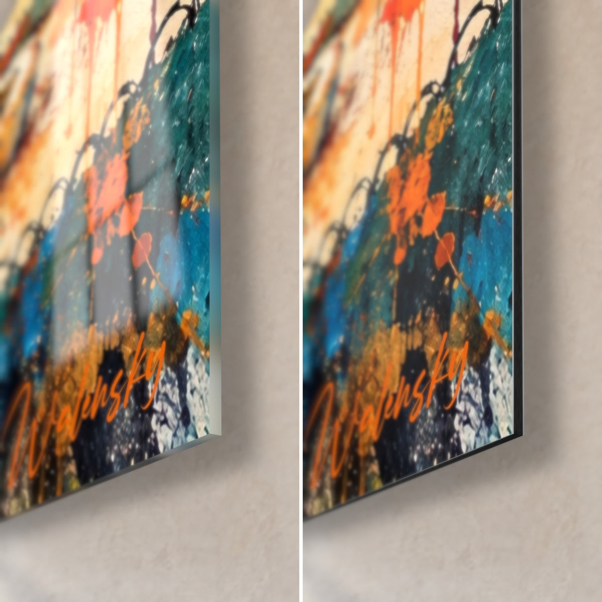 Schilderij fontein in oranje en turquoise spetters, rechtsonder hoek in glanzend glas en mat Dibond, rand van 3 mm