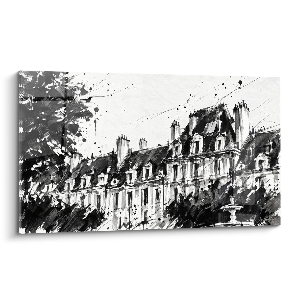 Πίνακας όψεις της Place des Vosges σχεδιασμένες με μαύρο και λευκό μελάνι, στέγες και τζάκια λεπτομερώς