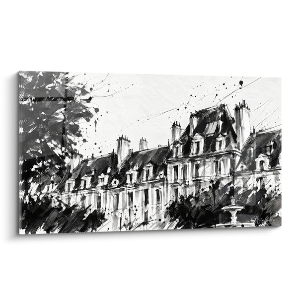 Tableau Place des Vosges noir et blanc à l'encre - Promenade parisienne - Edition Place des Vosges Île-de-France