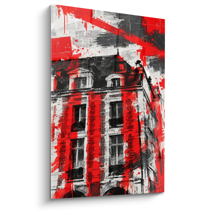 Tableau Façade rouge et noire aux éclaboussures picturales - Fièvre parisienne - Edition Place des Vosges Île-de-France