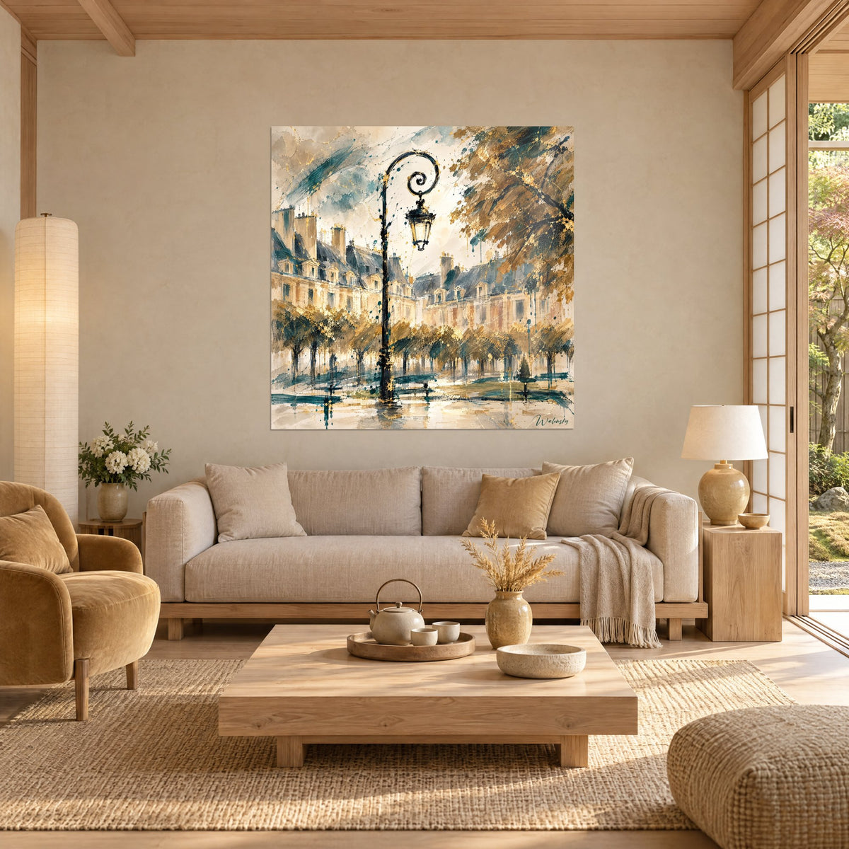Quadro con lampione nero a volute in place des Vosges, ocra e blu anatra, case in mattoni, sopra un divano in un soggiorno luminoso
