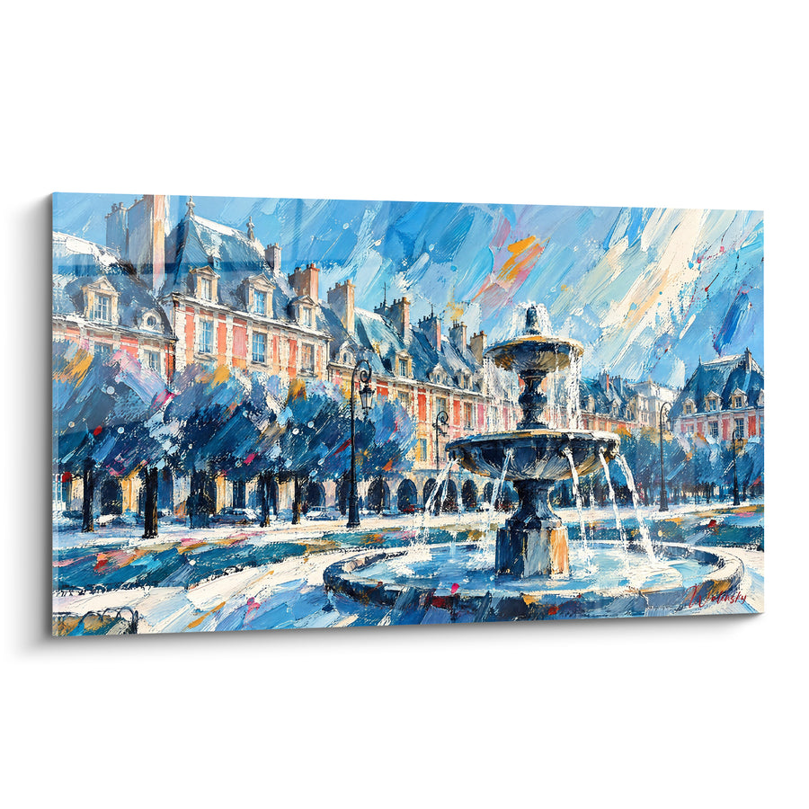 Tableau Fontaine bleu et orangé sur place pavée - Éveil matinal parisien - Edition Place des Vosges Île-de-France