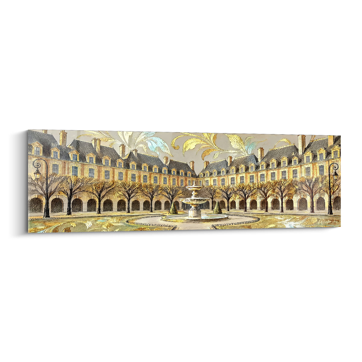 Schilderij place des Vosges in goud en antraciet, centrale fontein omringd door kale bomen en klassieke gevels
