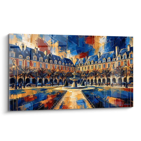 Schilderij Fontein van goud met blauwe en terracotta gevels - Avondlicht in Parijs - Editie Place des Vosges Île-de-France