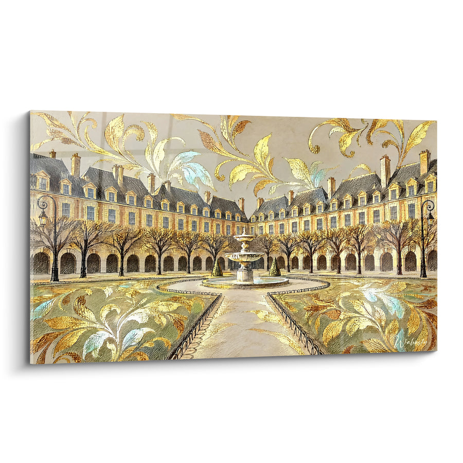 Tableau Place royale dorée à fontaine centrale - Élégance parisienne - Edition Place des Vosges Île-de-France