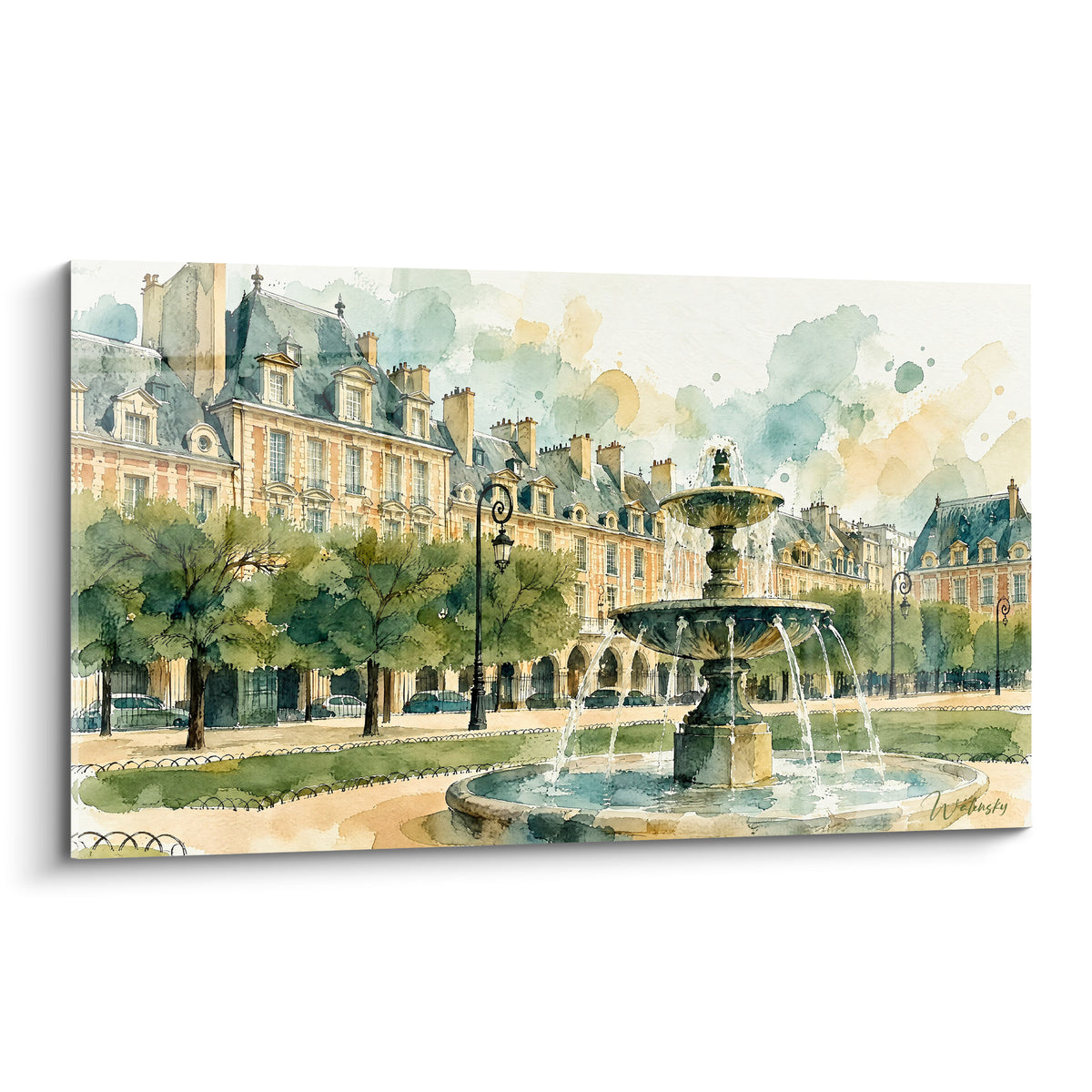 Fontaine en pierre gris-bleu et façades ocre, aquarelle de la Place des Vosges Île-de-France