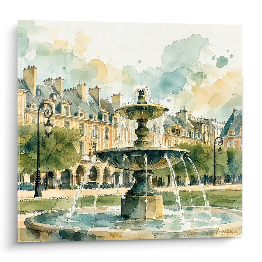 Tableau Fontaine à deux vasques vert et ocre - Matin tranquille - Edition Place des Vosges Île-de-France