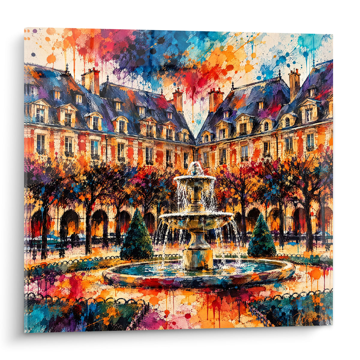 Schilderij fontein van de Place des Vosges in oker en marineblauw, gevels bespat met roze en violet