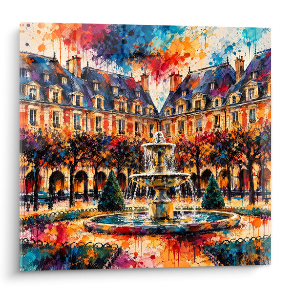 Tableau Fontaine ocre et bleu aux façades éclatées - Éclaboussure parisienne - Edition Place des Vosges Île-de-France