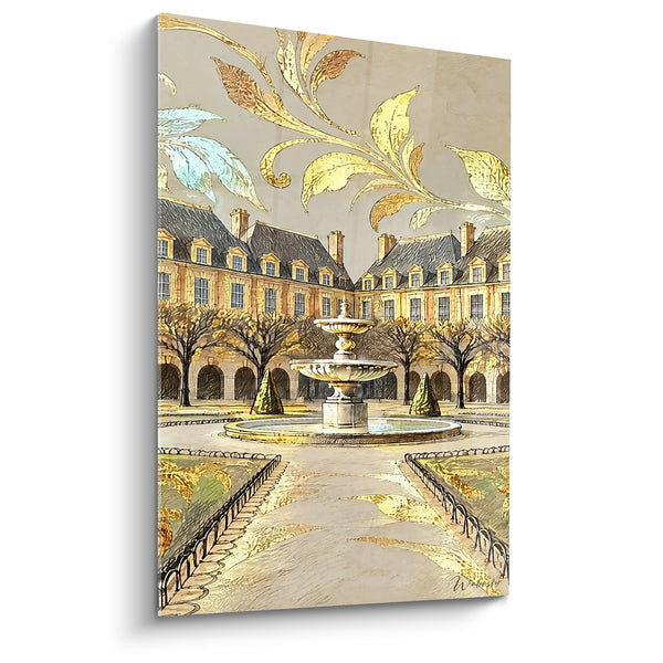 Tableau Fontaine ocre et dorée dans square parisien - Songe doré parisien - Edition Place des Vosges Île-de-France