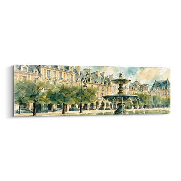 Tableau Fontaine grise et verte aux jets d'eau multiples - Voitures stationnées sous arcades - Edition Place des Vosges Île-de-France