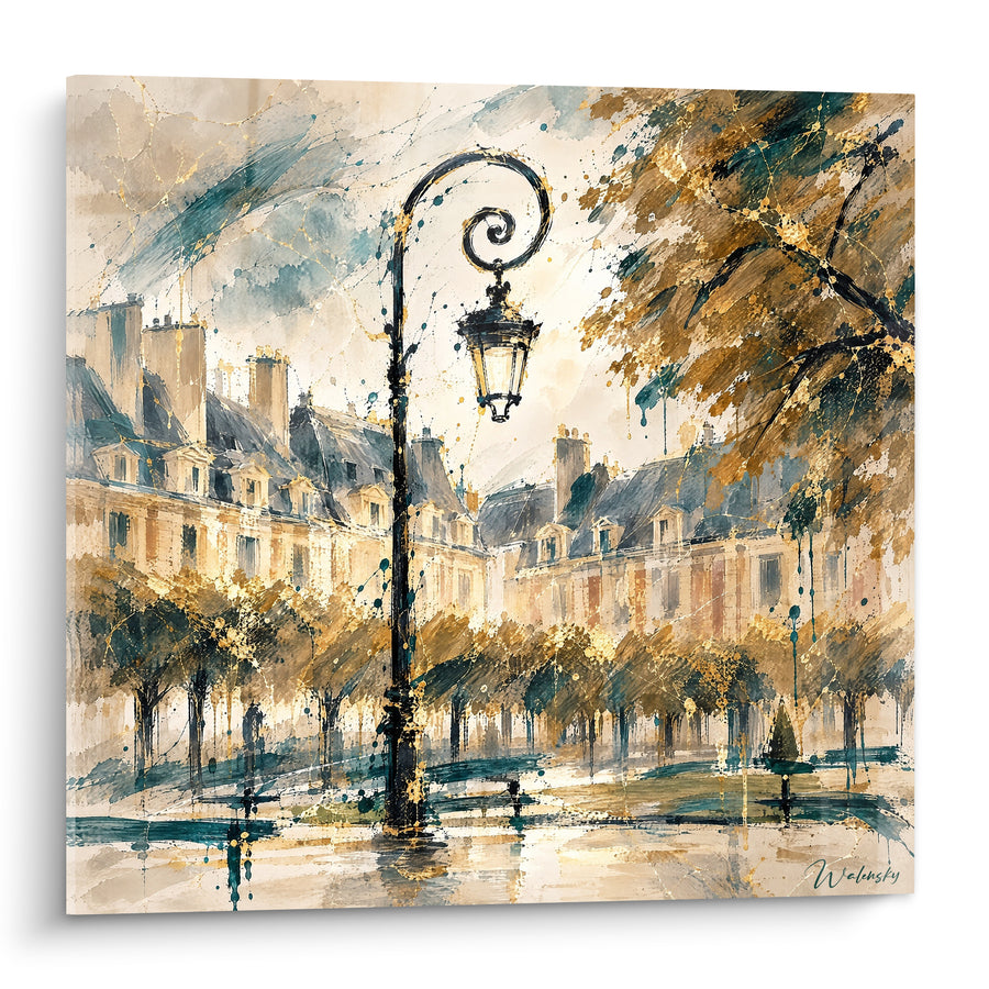 Tableau Réverbère noir aux tons ocre et bleu - Flânerie dorée - Edition Place des Vosges Île-de-France