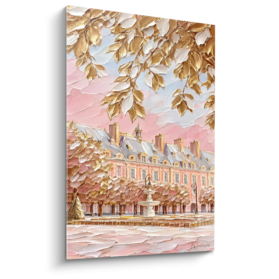 Tableau Fontaine rose et doré sous feuillage surplombant - Toits d'ardoise gris - Edition Place des Vosges Île-de-France